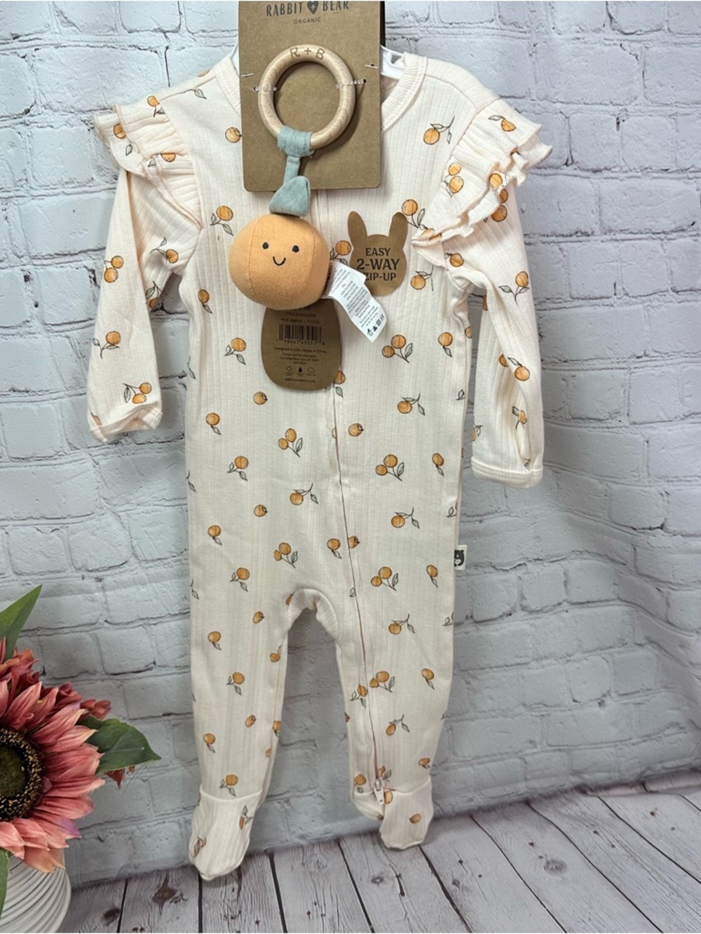 NWT rabbit + Bear organic cotton Footie Orange Fruit Print ruffle bows 6-9M